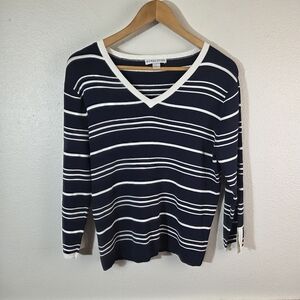 Pendleton Women’s V Neck Knit Top L Navy White Stripe Stretch